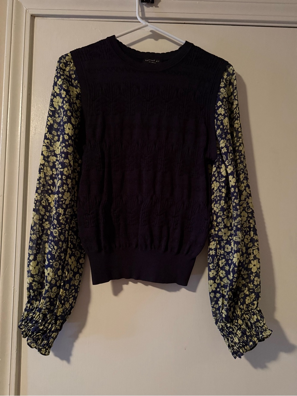 Current Air Navy Sweater with Yellow Floral Balloon Sleeves
